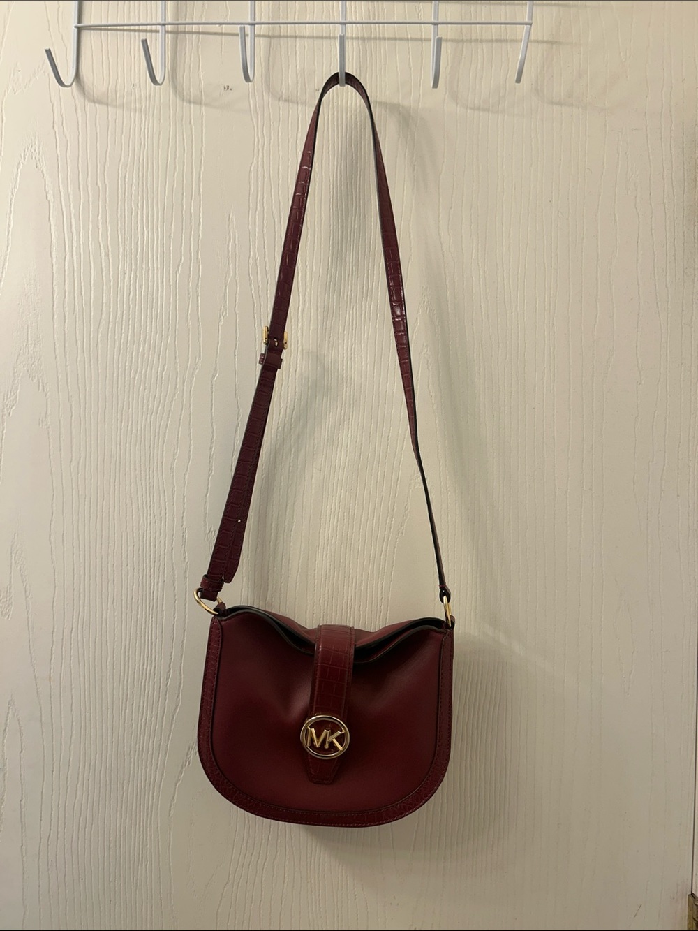 Michael Kors Maroon Leather Crossbody Saddle Bag with Gold MK Logo